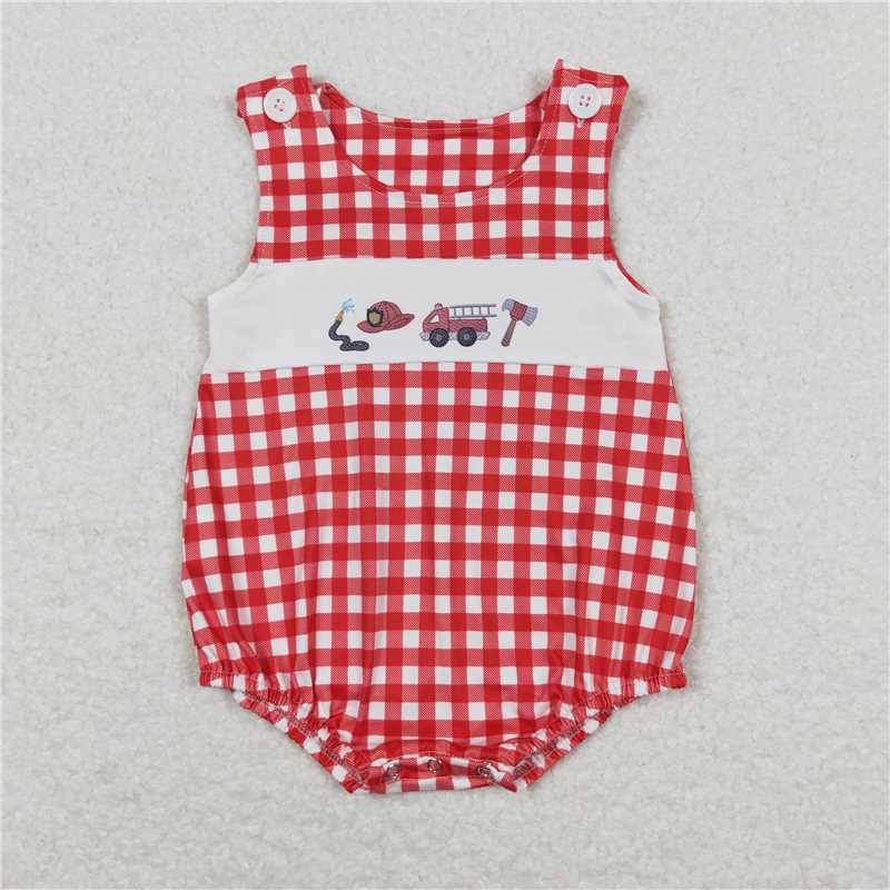 SR1174Sleeveless red plaid fire truck baby boys summer romper