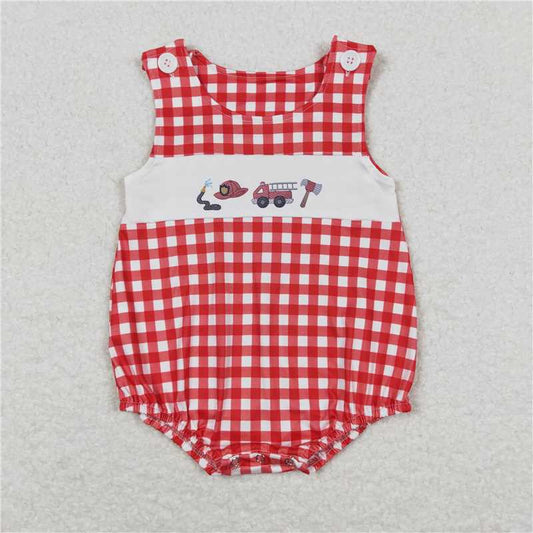 SR1174Sleeveless red plaid fire truck baby boys summer romper