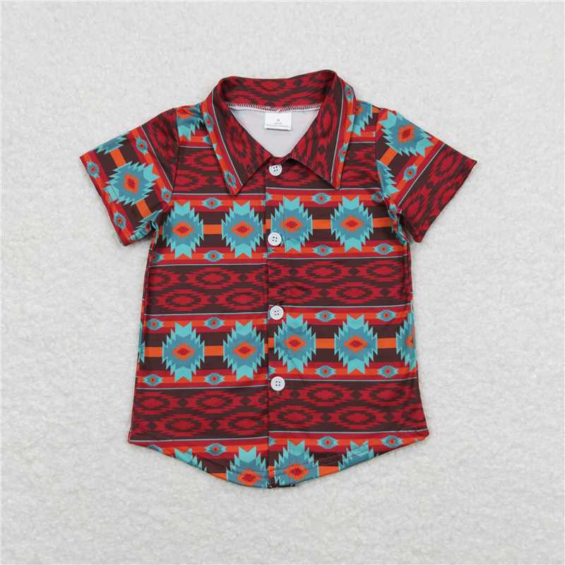 BT0582  Baby Boys Western Wine Turquoise Aztec Short Sleeve Buttons Tee Shirts Tops