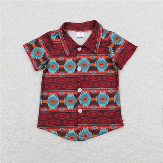 BT0582  Baby Boys Western Wine Turquoise Aztec Short Sleeve Buttons Tee Shirts Tops