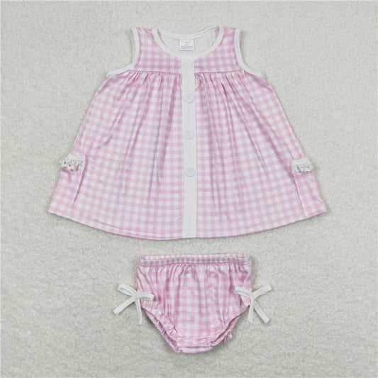 GBO0263  Baby Girls Pink Checkered Tunic Top Bummies Clothes Sets