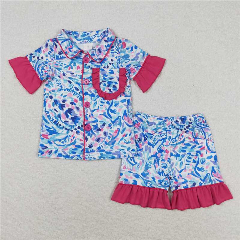 Girls Pink Bow Button down Top Ruffle Shorts Pajamas Set Cute Sleepwear for Little Girls
