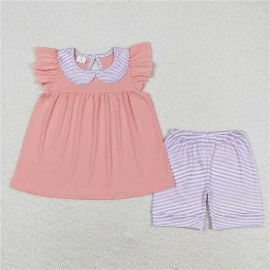 GSSO1066 Purple striped doll collar pink and orange flying sleeves shorts set