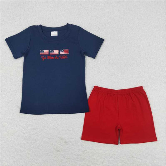 BSSO0713 RTS NO MOQ Baby Boys Summer Boys Outfits Embroidery Baby Boys 4th Of July Flags Shirt Top Red Shorts Outfits Clothes Sets