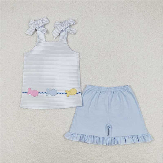 GSSO0809 Embroidered fish stripe suspenders blue shorts set