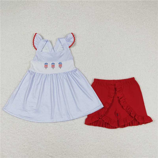 GSSO0798 Embroidered bow ice cream blue plaid flying sleeves red shorts suit