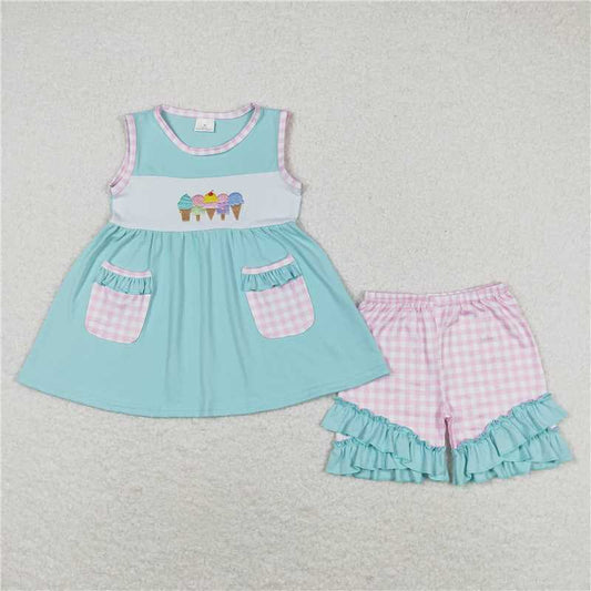 GSSO0826 Embroidered ice cream plaid pocket blue green sleeveless shorts set