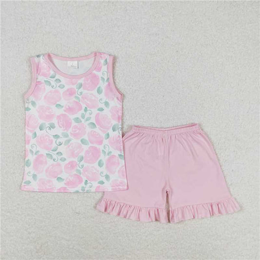GSSO0975 Flower and leaf pink sleeveless shorts set