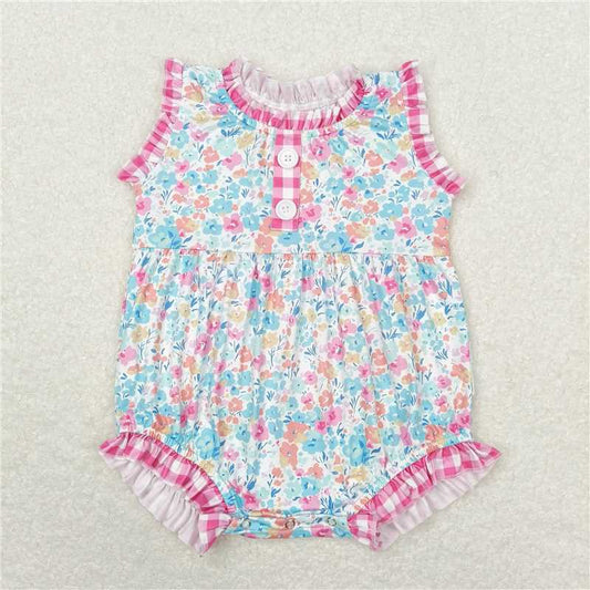 SR1245 Baby Girls Pink Blue Floral Ruffle Rompers