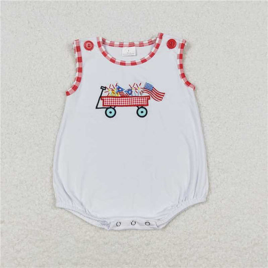SR1078 Embroidery Baby Infant Boys 4th Of July Flag Tractor Sleeveless Summer Rompers