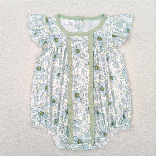 SR1180   Baby Infant Girls Green Flowers Ruffle Rompers