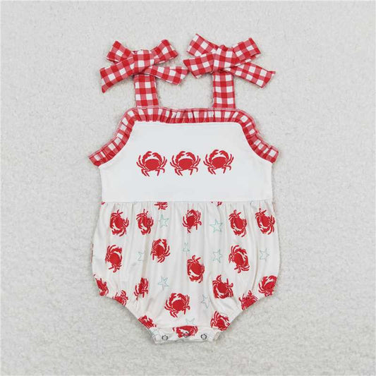 SR1185  Baby Infant Girls Crabs Straps Red Checkered Rompers
