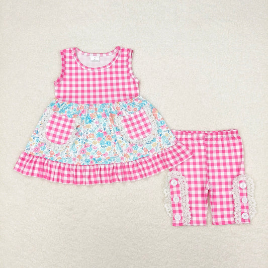 GSSO0813 Flower floral rose red plaid pocket sleeveless shorts set