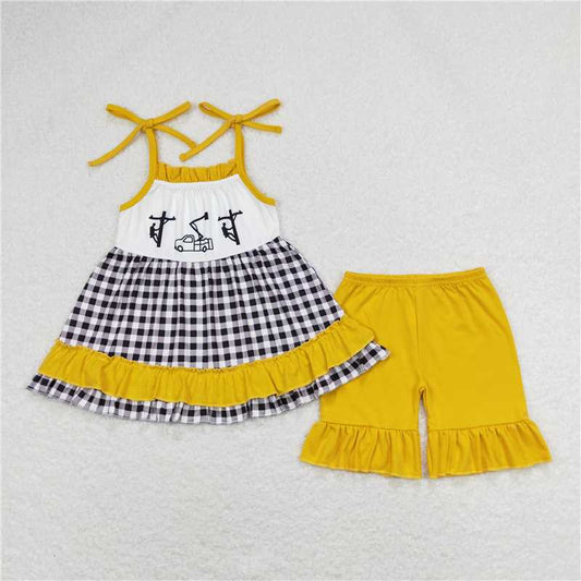 GSSO0771 Pole maintenance worker black and white plaid suspender shorts suit