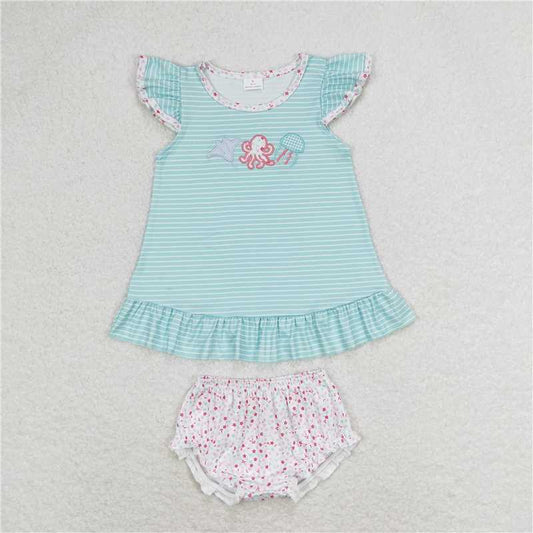 GBO0316  Baby Girls Blue Stripes Octopus Sibling Sister Clothes Sets
