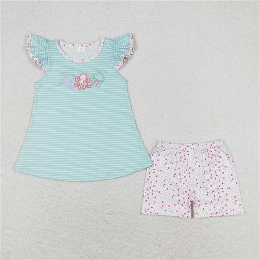 GSSO0833 Embroidered octopus jellyfish stripes blue green flying sleeves star shorts set