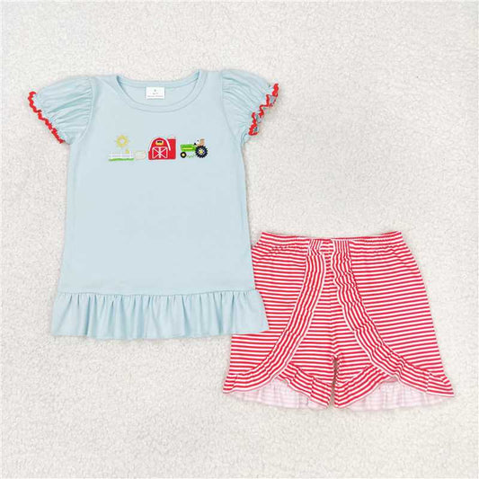 GSSO0788 Embroidery farm sun red house tractor short sleeve red stripe lace shorts set