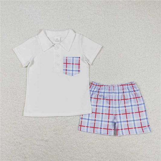 BSSO0651 Baby Boys White Pocket Shirt Checkered Shorts Clothes Sets