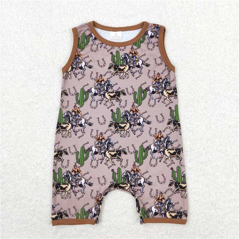 SR1101 Baby Infant Boys Western Rodeo Cactus Sleeveless Rompers
