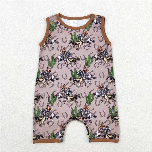SR1101 Baby Infant Boys Western Rodeo Cactus Sleeveless Rompers