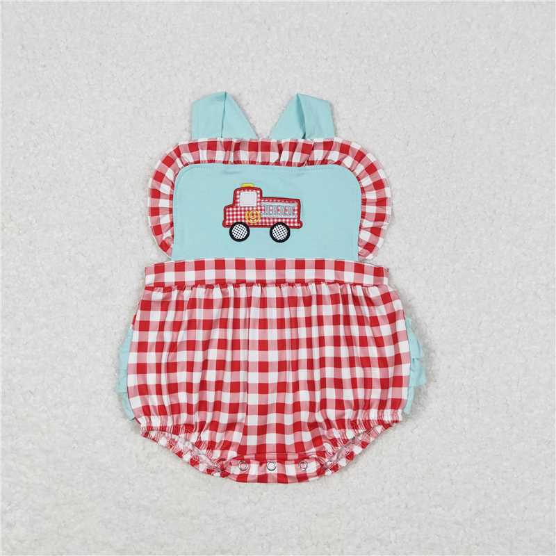 SR0958  Baby Infant Girls Fire Truck Checkered Rompers