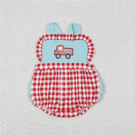 SR0958  Baby Infant Girls Fire Truck Checkered Rompers