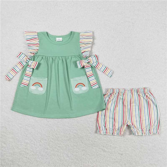 GSSO0596Rainbow pocket tunic stripe shorts girls summer outfits