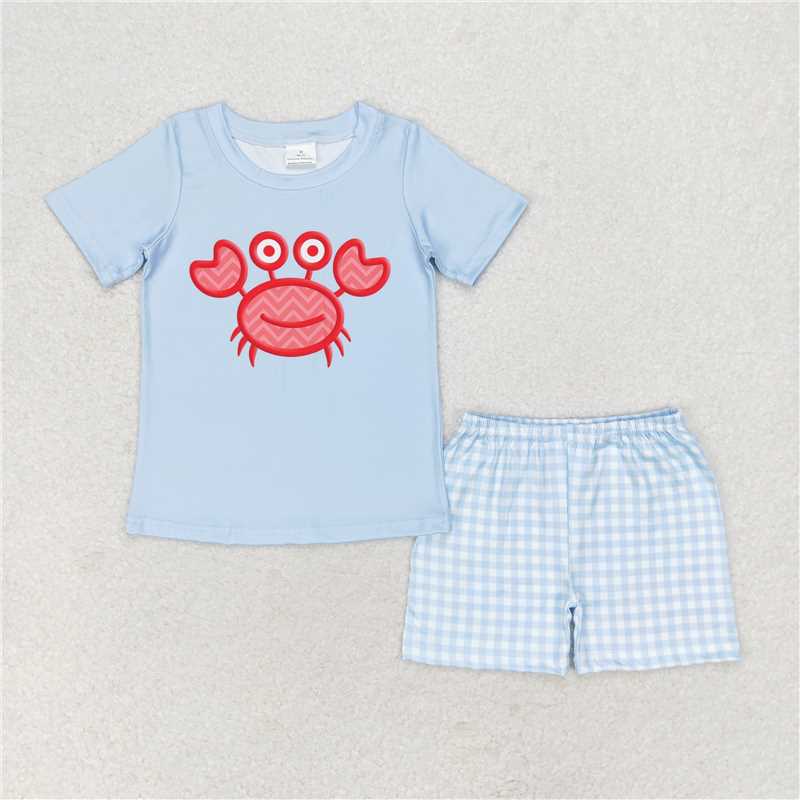 BSSO0808  Baby Boys Crab Shirt Top Checkered Shorts Clothes Sets