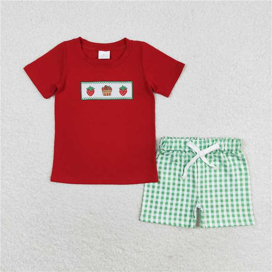 BSSO0810RTS NO MOQ Baby Boys Summer Boys Outfits  Baby Boys Red Strawberry Cake Shirt Top Shorts Clothes Sets