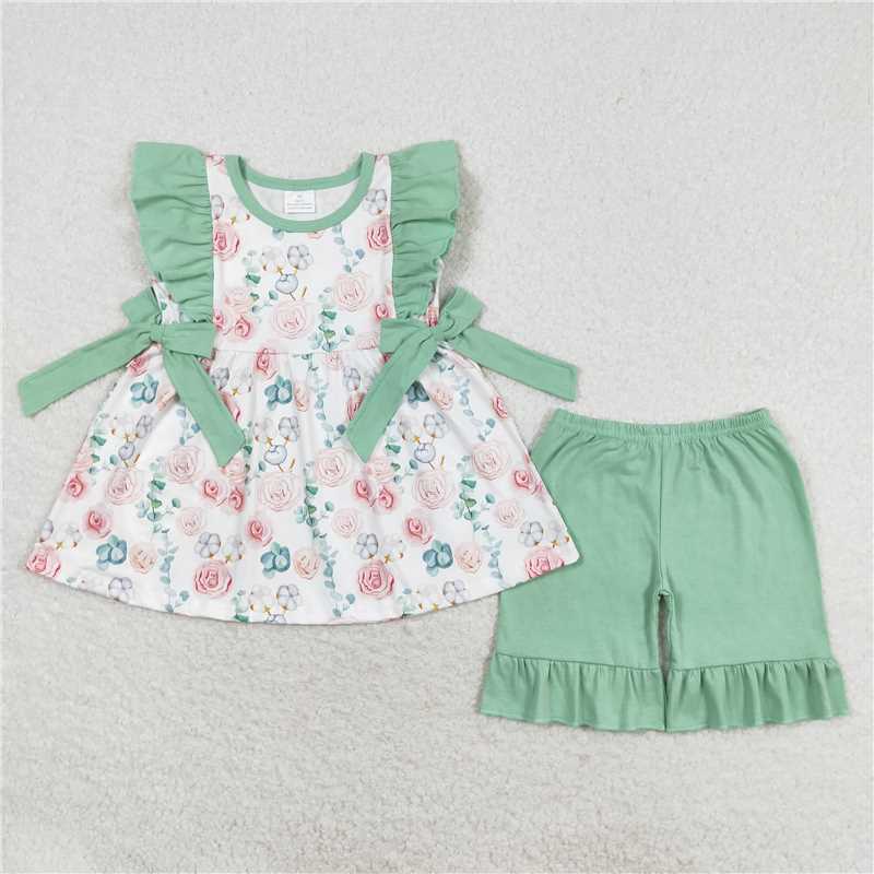 GSSO1004Mint ruffles floral tunic shorts girls spring summer outfits