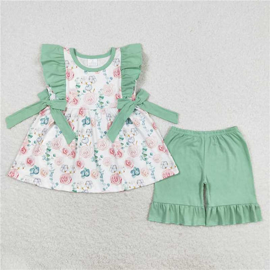 GSSO1004Mint ruffles floral tunic shorts girls spring summer outfits