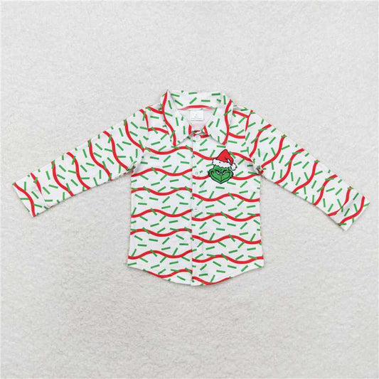 BT0769  Baby Boys Christmas Green Frog Button Ups Long Sleeve Tee Shirts Tops