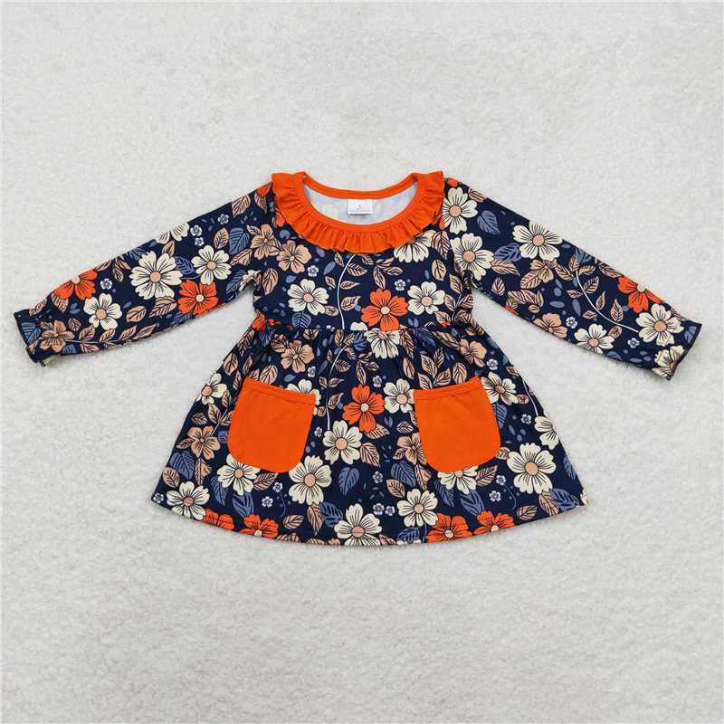 GT0691  Long sleeves orange pockets floral baby girls tunic