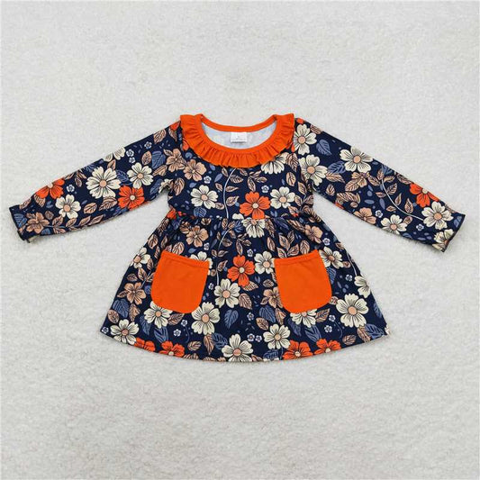 GT0691  Long sleeves orange pockets floral baby girls tunic