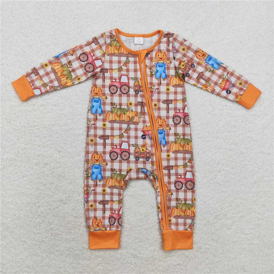 RTS LR1046 Modal Pumpkin Straw Plaid Zipper Long Sleeve Bodysuit
