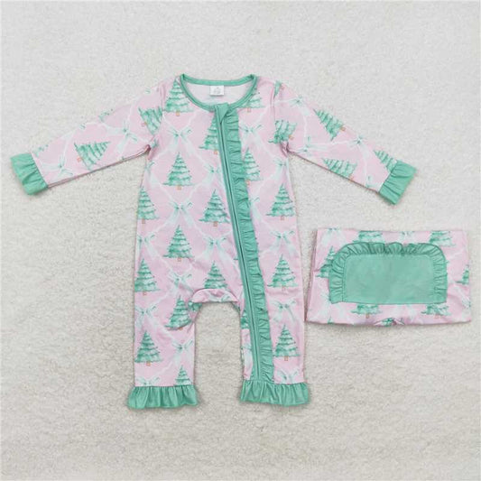 12.2 RTS NO MOQ （In stock）LR1073 Baby Infant Girls Christmas Pink Bows Trees Zip Bamboo Rompers