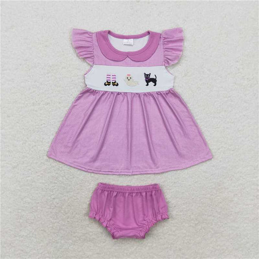 GBO0415 Baby Girls Halloween Purple Cats Tunic Top Bummies Clothes Sets