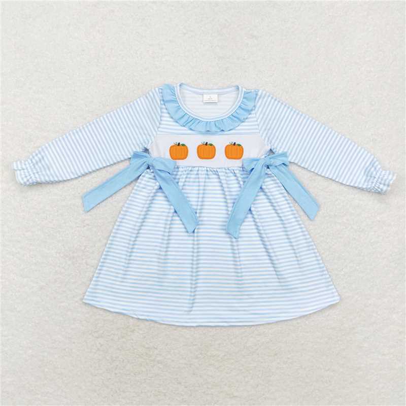 GLD0614  Baby Girls Blue Stripes Pumpkin Bows Knee Length Dresses