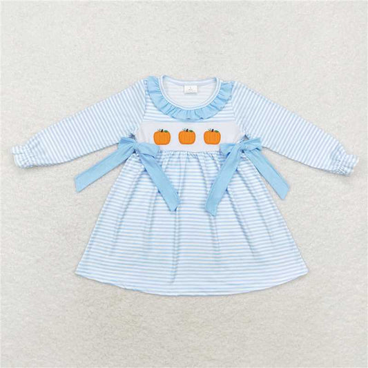 GLD0614  Baby Girls Blue Stripes Pumpkin Bows Knee Length Dresses
