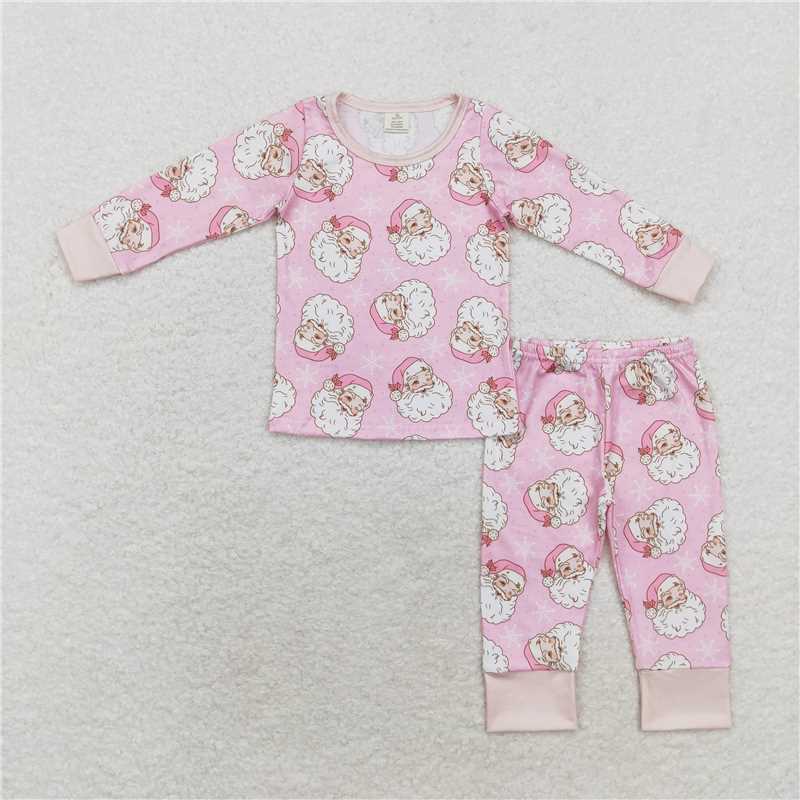 11.7 RTS NO MOQ （In stock）Matching Christmas GLP1528 Baby Girls Christmas Santa Snowflake Pink Bamboo Pajamas Clothes Sets
