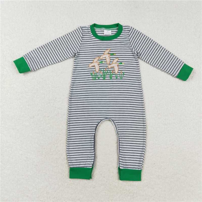RTS LR1217 Embroidered duck stripe green trim long sleeve jumpsuit