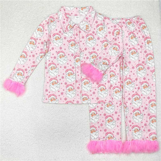 GLP1901  Adult Women Christmas Pink Santa Fur Tops Pants Pajamas