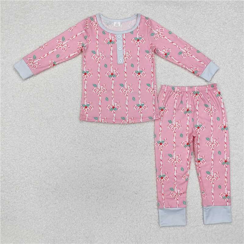 12.9 RTS NO MOQ （In stock）GLP1925 Baby Girls Christmas Bows Bamboo Pajamas Clothes Sets