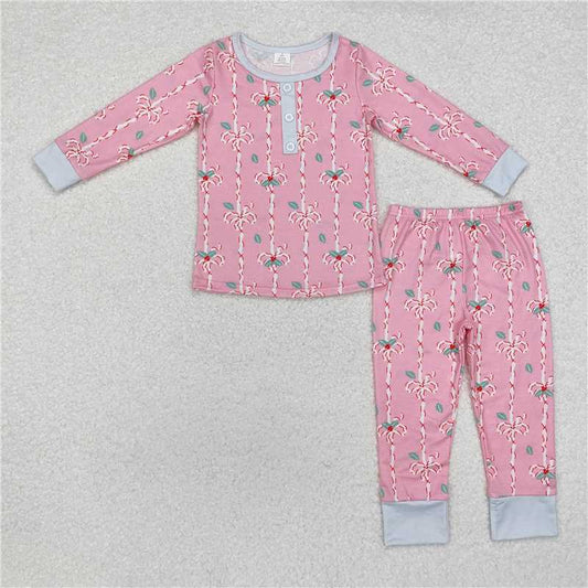 12.9 RTS NO MOQ （In stock）GLP1925 Baby Girls Christmas Bows Bamboo Pajamas Clothes Sets