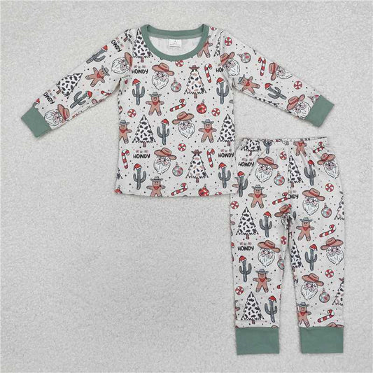 BLP0817Santa candy cane cactus kids western Christmas pajamas