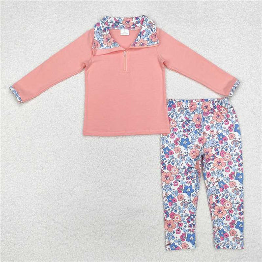 GLP1750Pink floral zipper pullover leggings girls clothes