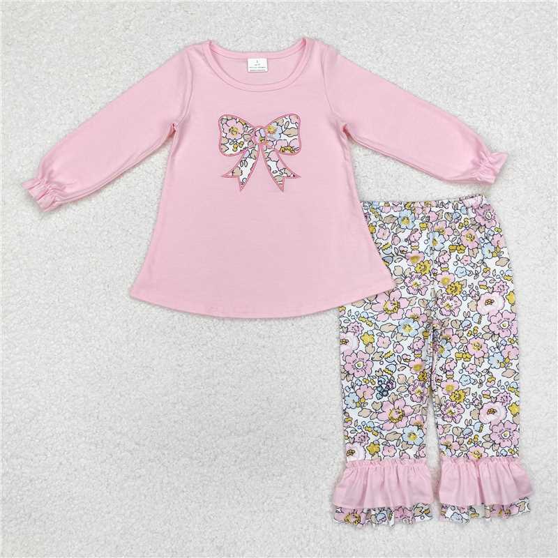 11.22 RTS NO MOQ （In stock）Matching GLP1836 Embroidery Flowers Bow Baby Girls Pink Tunic Ruffle Pants Clothes Sets
