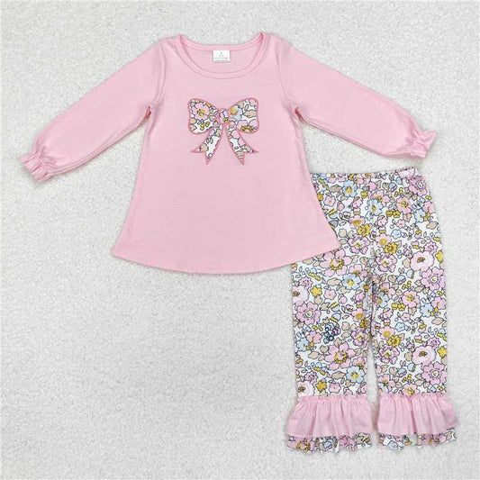11.22 RTS NO MOQ （In stock）Matching GLP1836 Embroidery Flowers Bow Baby Girls Pink Tunic Ruffle Pants Clothes Sets