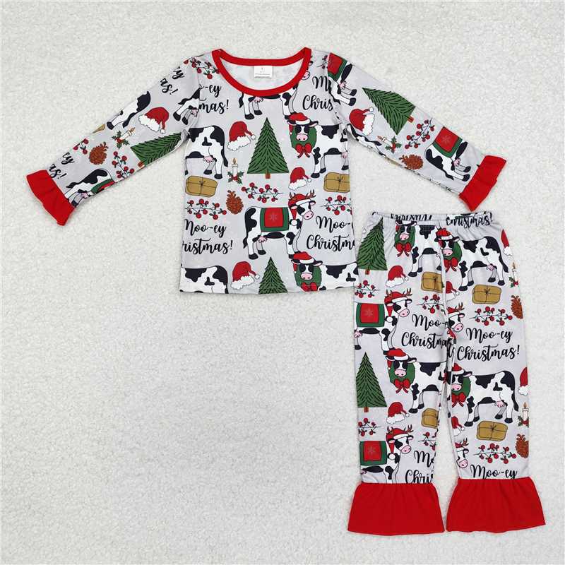 12.4 RTS NO MOQ （In stock）Matching Christmas GLP1243 Baby Girls Christmas Cows Tops Pants Pajamas Clothes Sets
