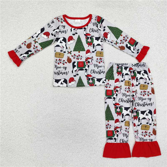 12.4 RTS NO MOQ （In stock）Matching Christmas GLP1243 Baby Girls Christmas Cows Tops Pants Pajamas Clothes Sets